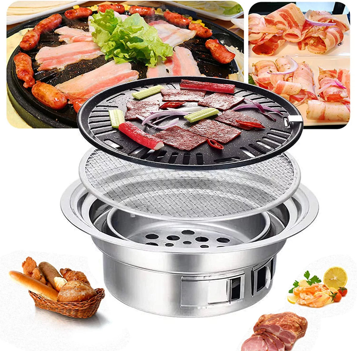 Round BBQ Charcoal Grill Non-stick Portable Stainless Steel Y199