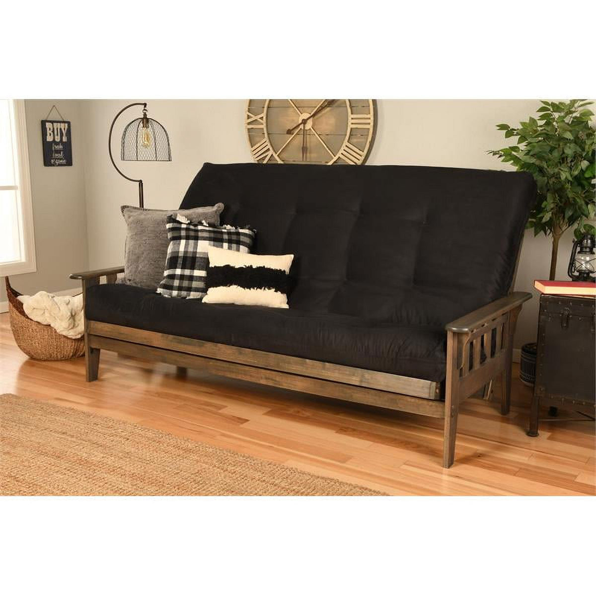 Queen Futon with Fabric Mattress in Black and Rustic Walnut Y676