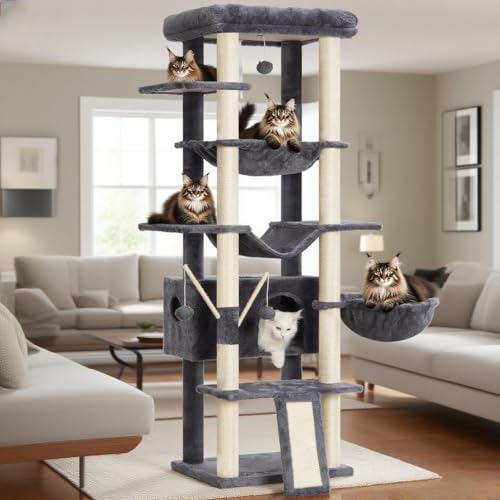 68.1-inch Tall Cat Tree with Sisal-Covered Scratching Posts, Smoky Gray J270