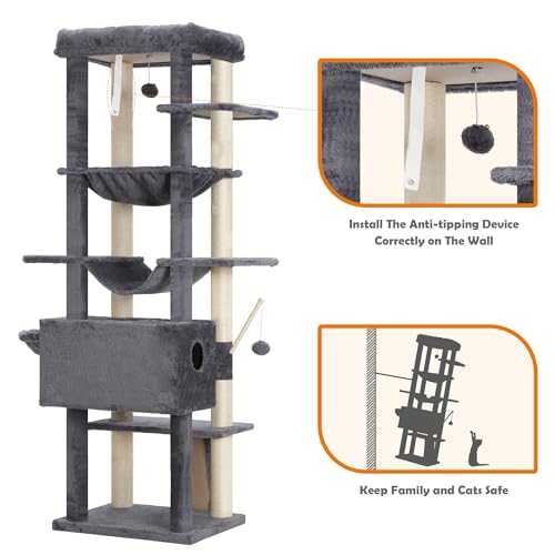 68.1-inch Tall Cat Tree with Sisal-Covered Scratching Posts, Smoky Gray J270