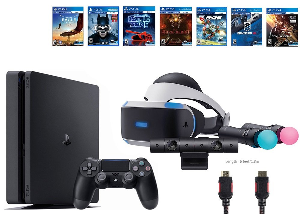PlayStation VR Start Bundle 10 Items: VR Start Bundle, PS4 Slim 1TB Console - Jet Black, 7 VR Game Disc Q343829