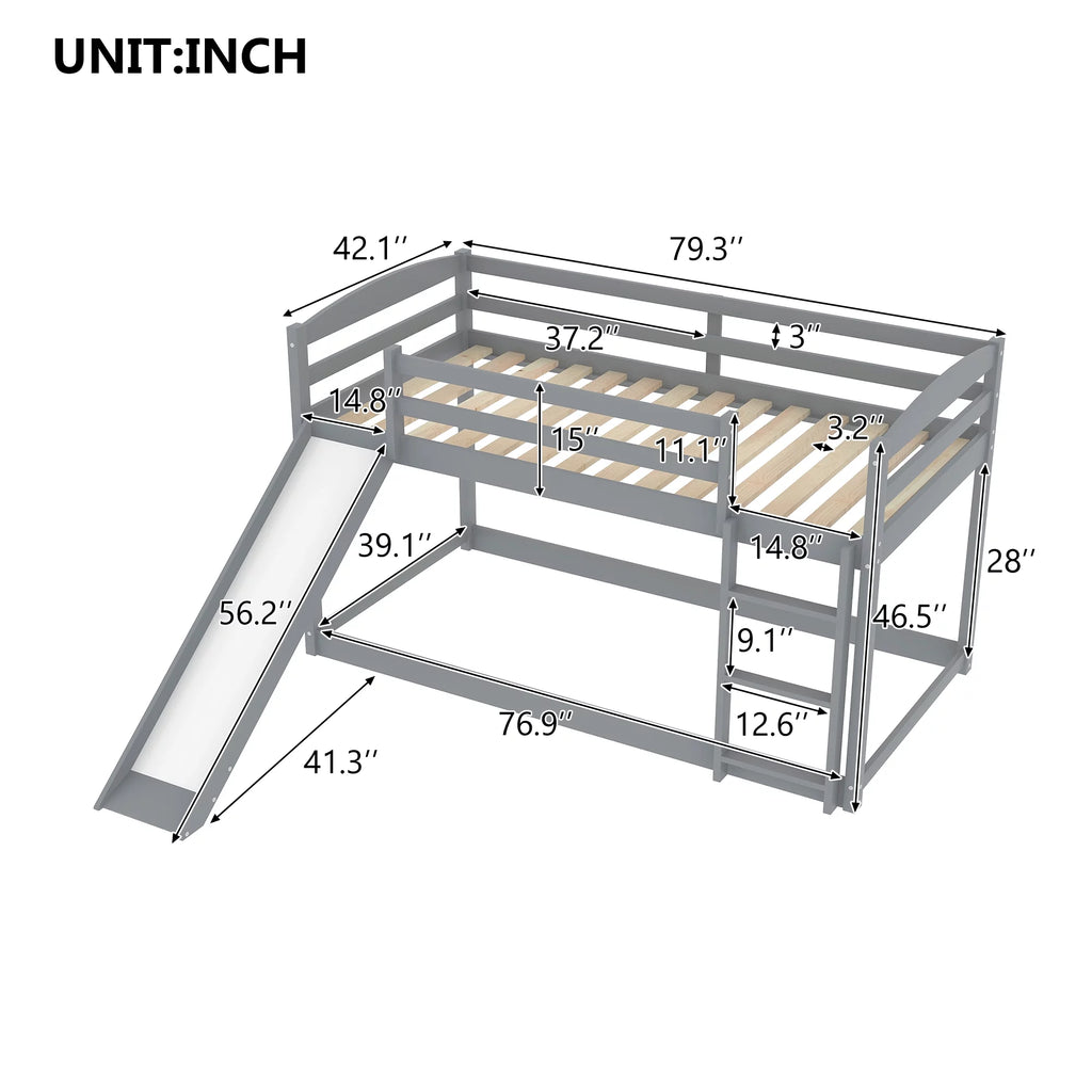 Gray Twin Over Twin Wood Bunk Bed with Slide and Ladder B516718