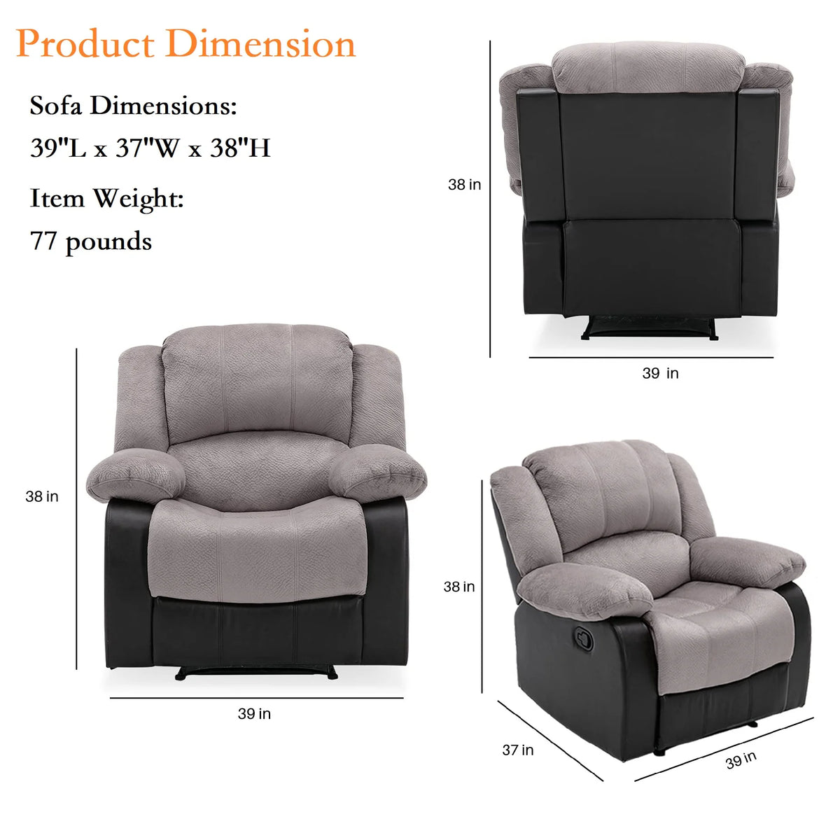 Manual Single Reclining Sofa, Gray PU Leather L24414
