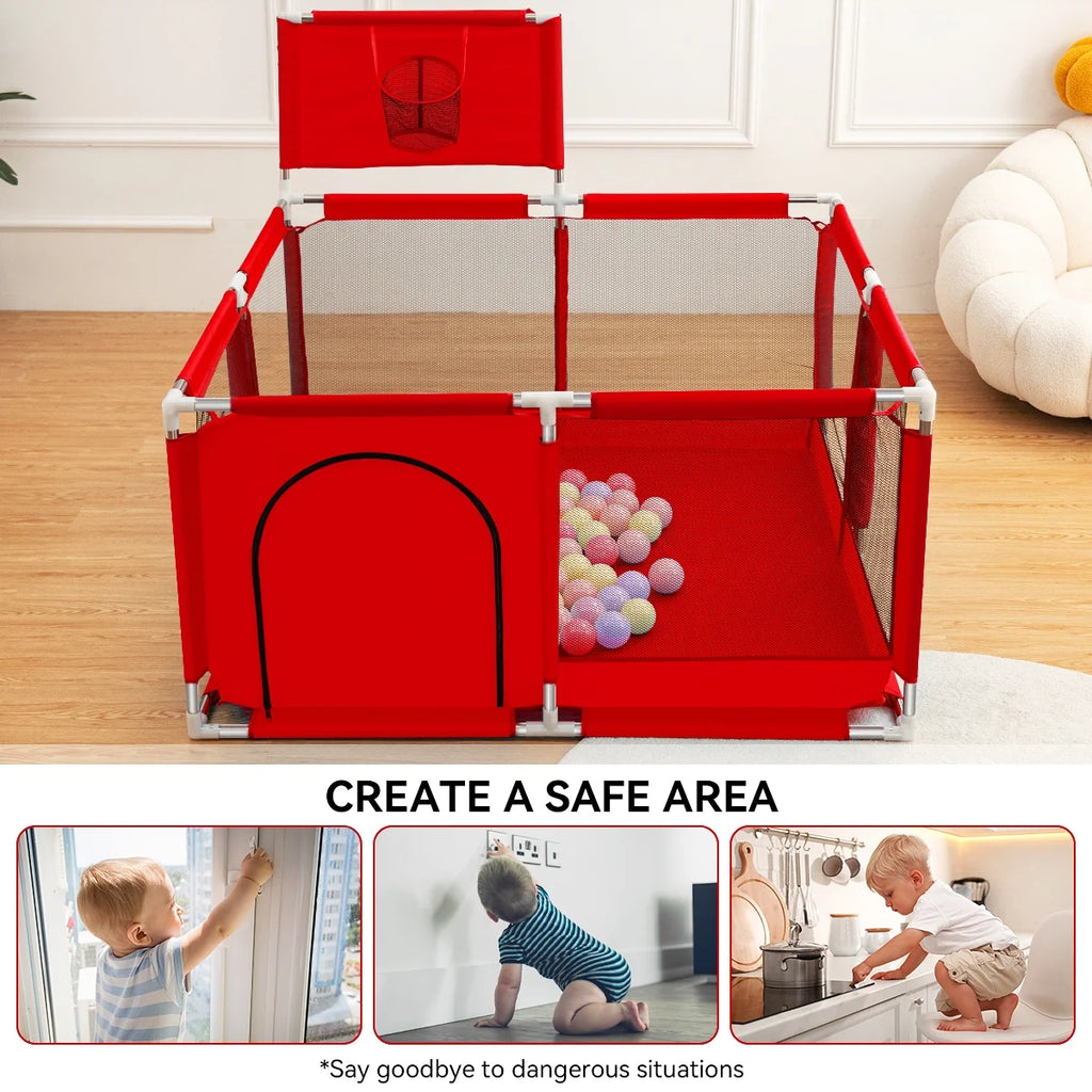 Portable 4-Panel Baby Playpen with Basketball Hoop V7248