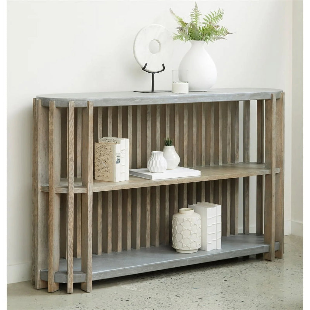 Wood Slat Display Console with Concrete Top E368138