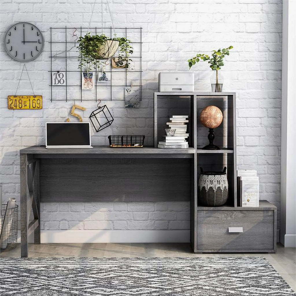 Wood Multi-Storage Desk in Distressed Gray Z588