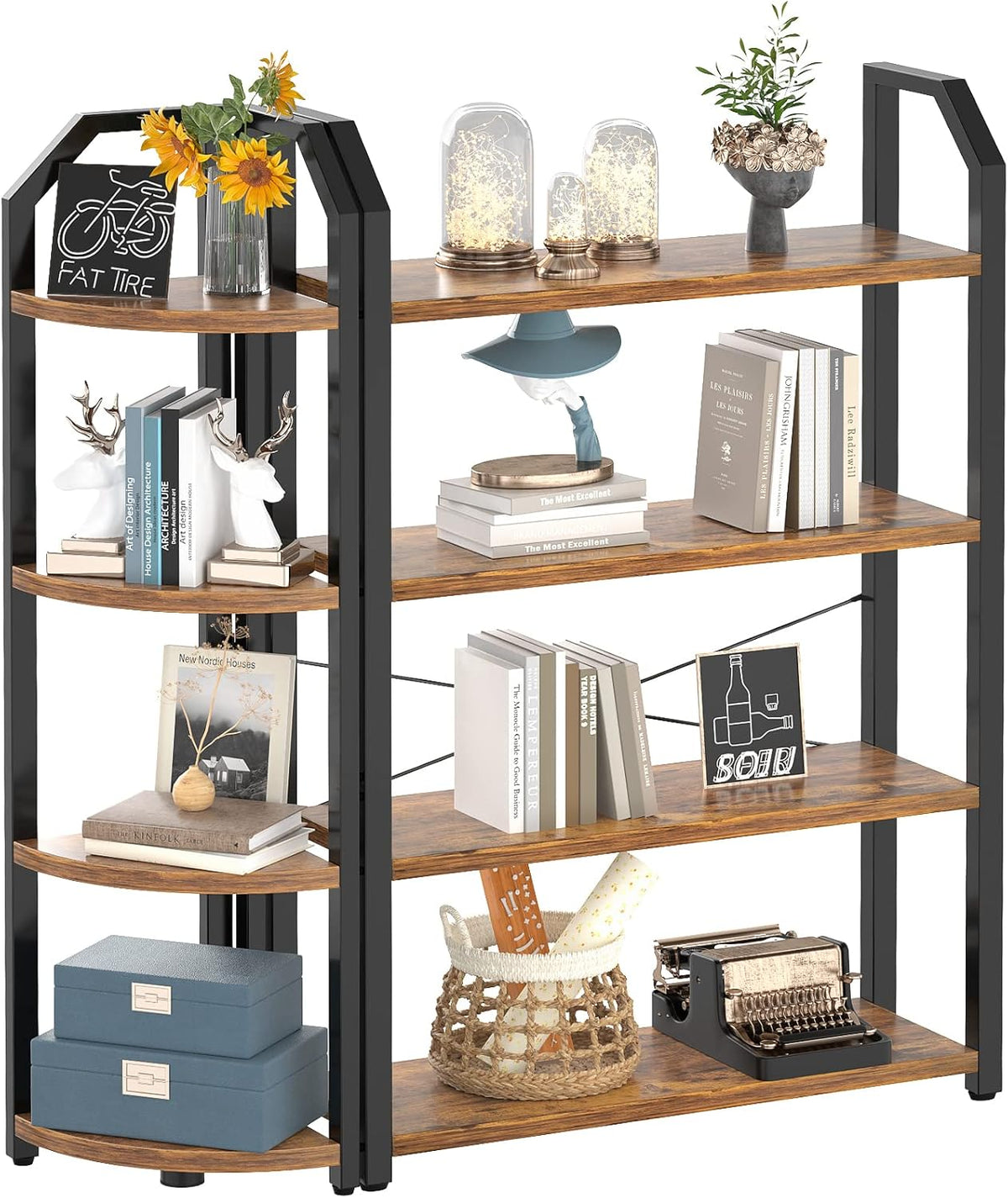 5-Tier Double Wide Tall Bookcase Set of 2, Rustic Brown P8514