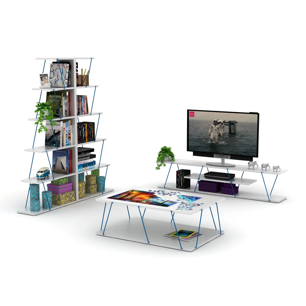 Modern 5 Tier Ladder Bookshelf, White/Blue R4717