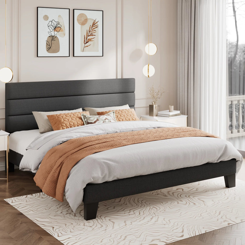 Queen Size Black Velvet Upholstered Platform Bed Frame with Headboard W9491