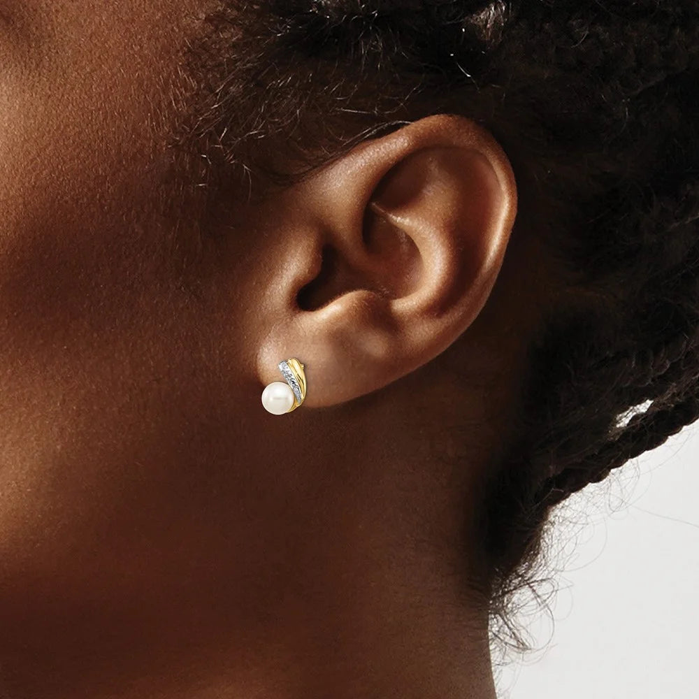 14k White Round Pearl Diamond Post Earrings V46930