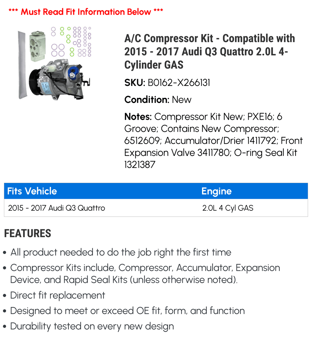 A/C Compressor Kit for 2015-2017 Audi Q3 Quattro 2.0L GAS Y572001