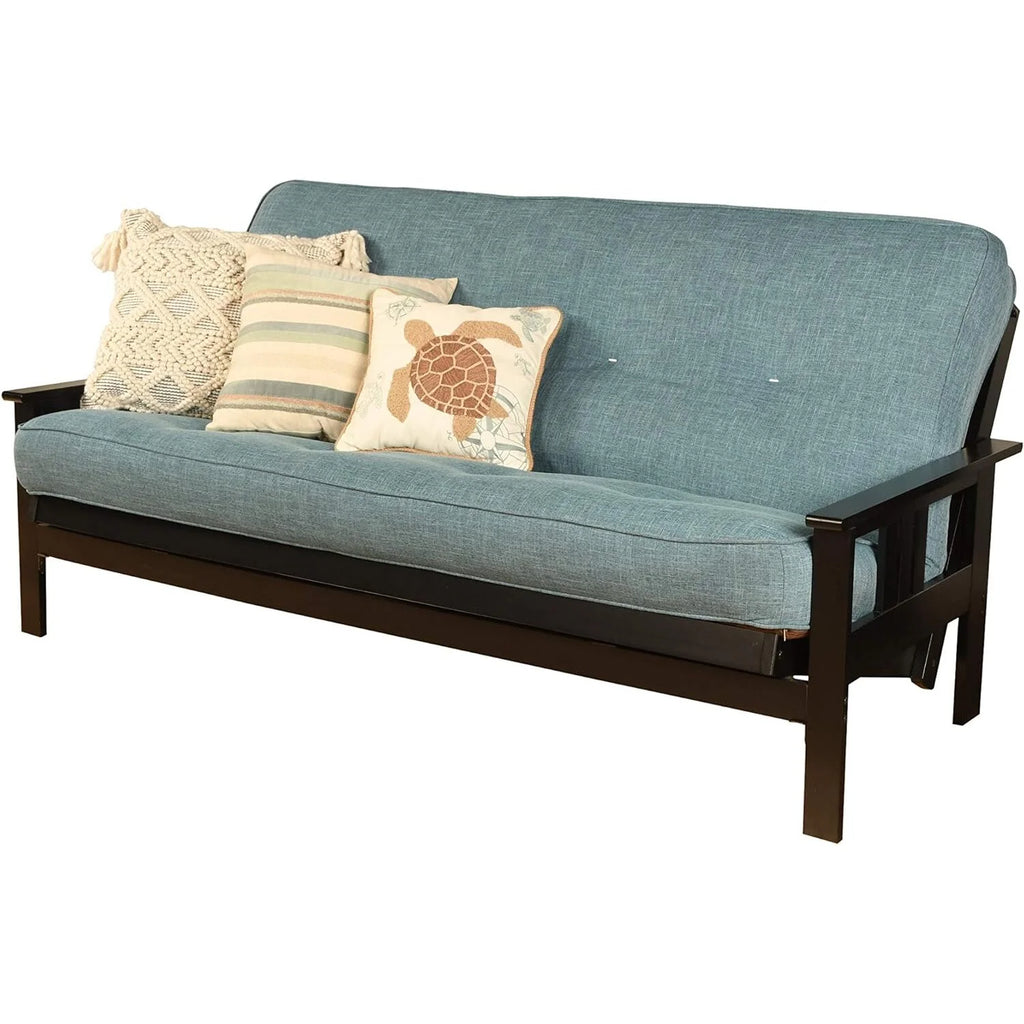 Black Futon Frame with Aqua Linen Mattress J644