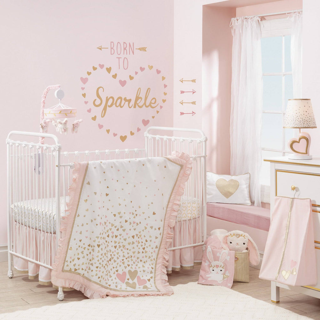 4 Piece Crib Bedding Set in Pink and White T4992