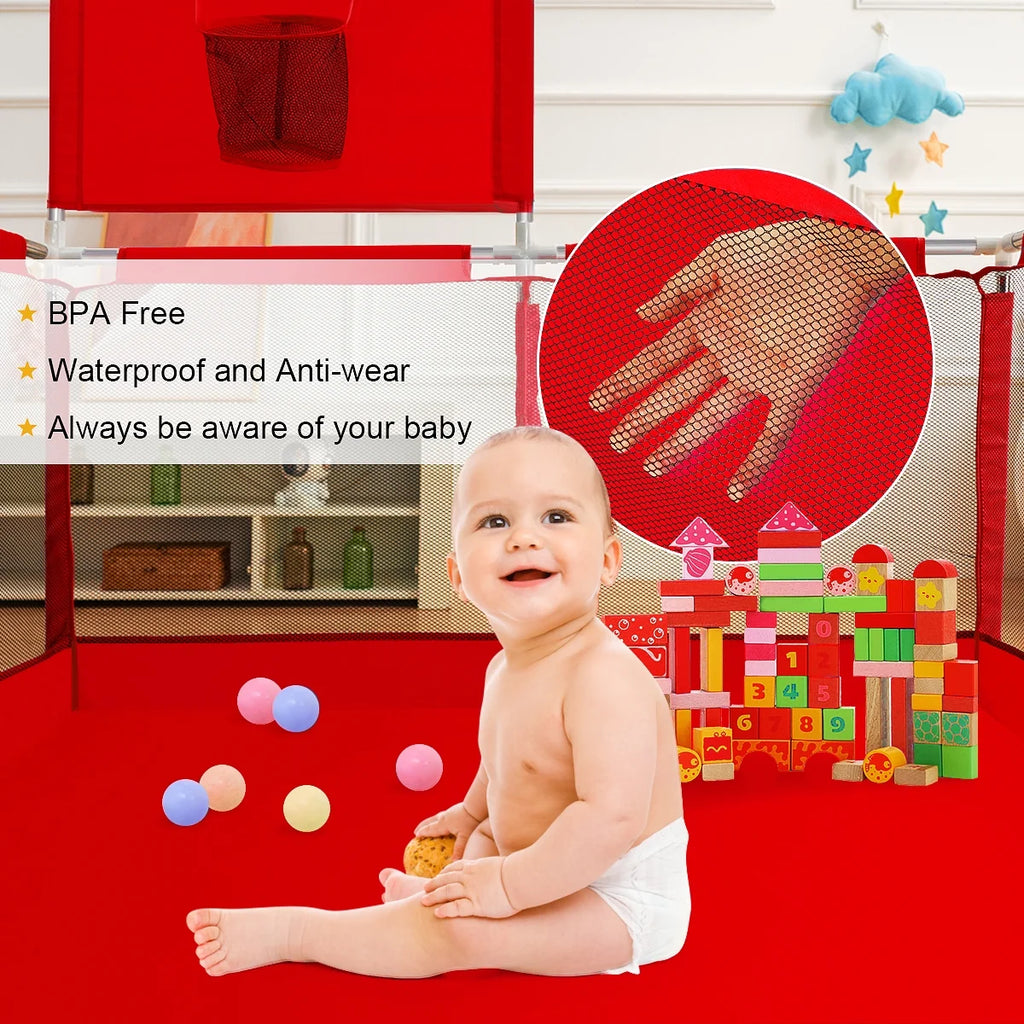 Portable 4-Panel Baby Playpen with Basketball Hoop V7248