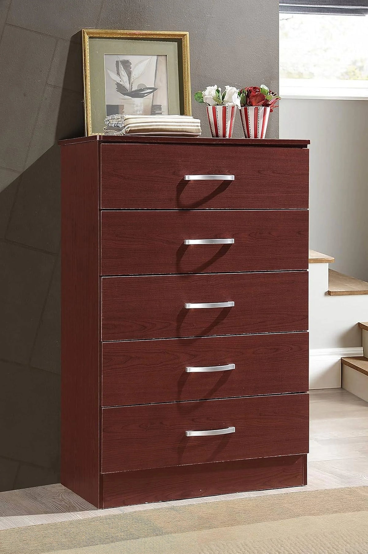 5 Drawer Wood Dresser, Mahogany, 47.8X31.5 Inches P549