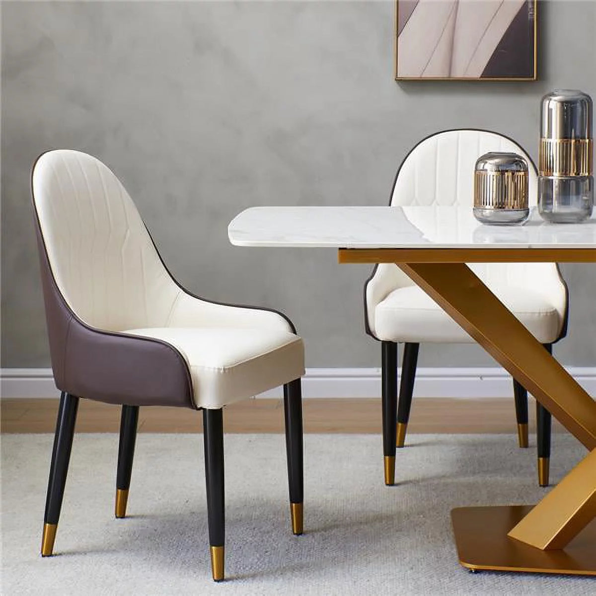 Set of 2 High Back Dining Chair with PU Leather and Solid Wood Legs H88386