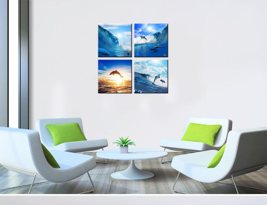 Blue Ocean Dolphin Wall Art Canvas Framed Painting 12x12x4 F477