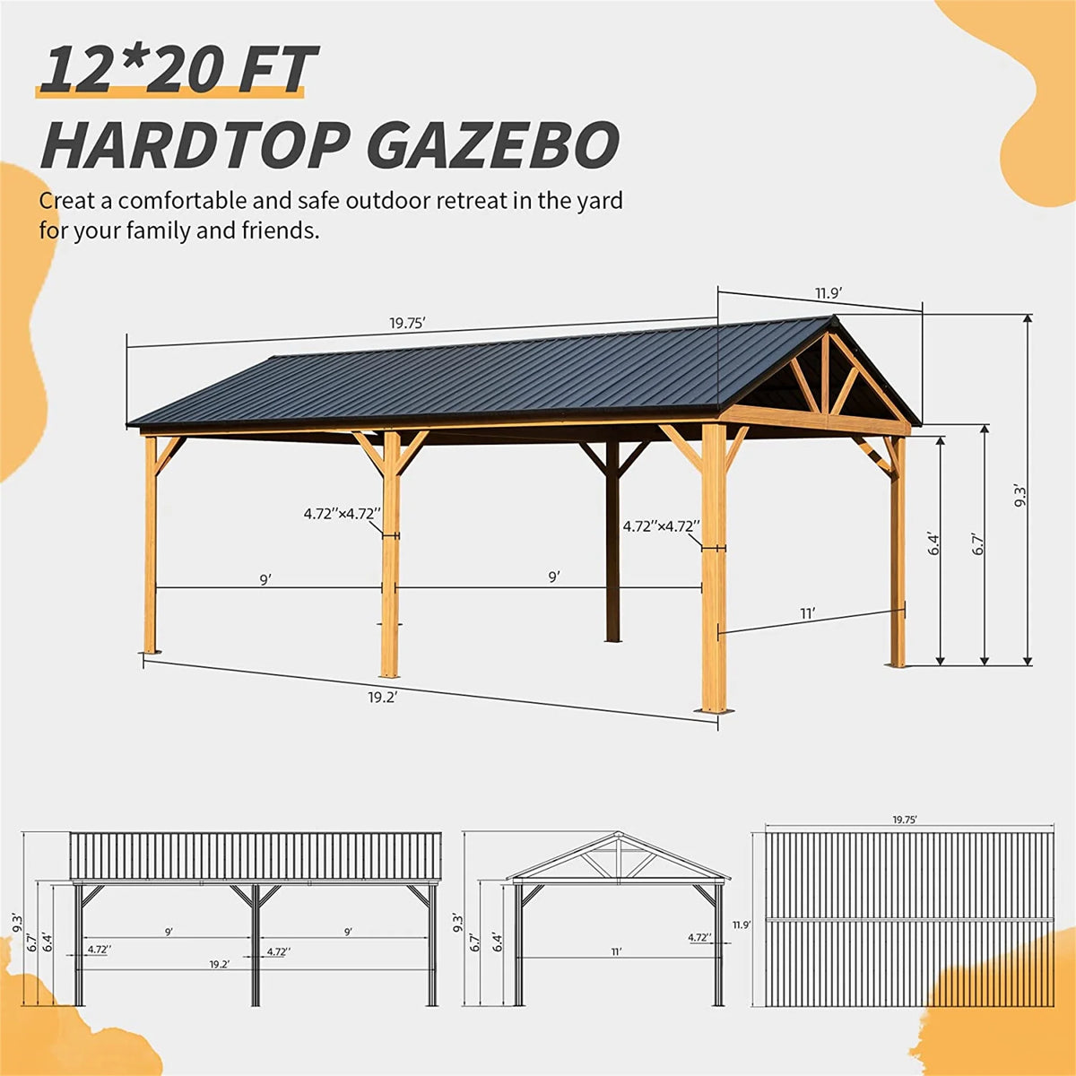 Galvanized Steel Gable Roof Gazebo with Wood Grain Aluminum Frame O86235