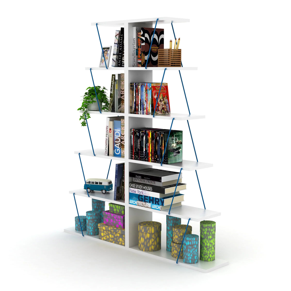 Modern 5 Tier Ladder Bookshelf, White/Blue R4717