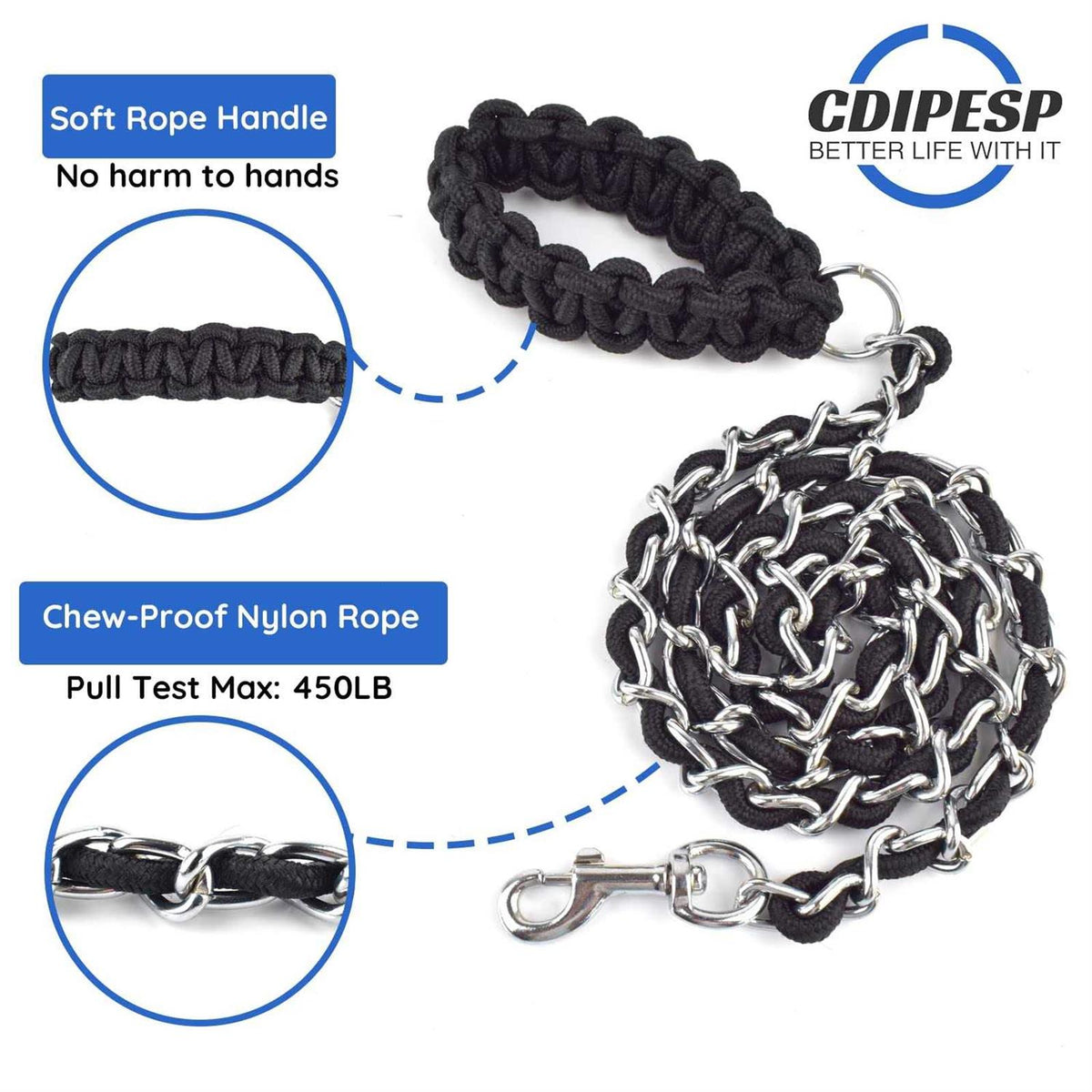 Chew Proof 5.5ft Heavy Duty Dog Leash Metal Chain Lead with Soft Rope Handle R615996