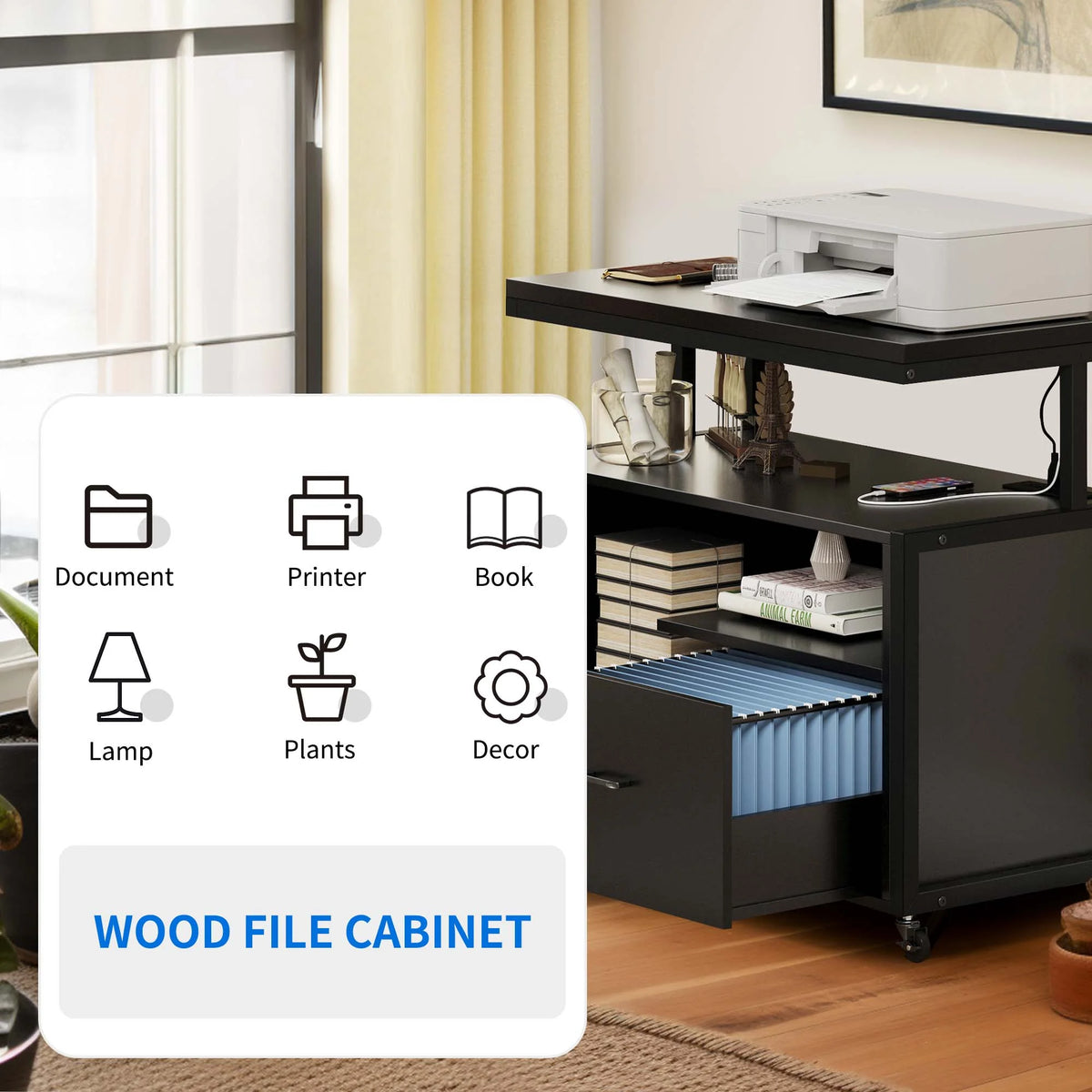 Wood File Cabinet with Charging Station and Printer Shelf P523