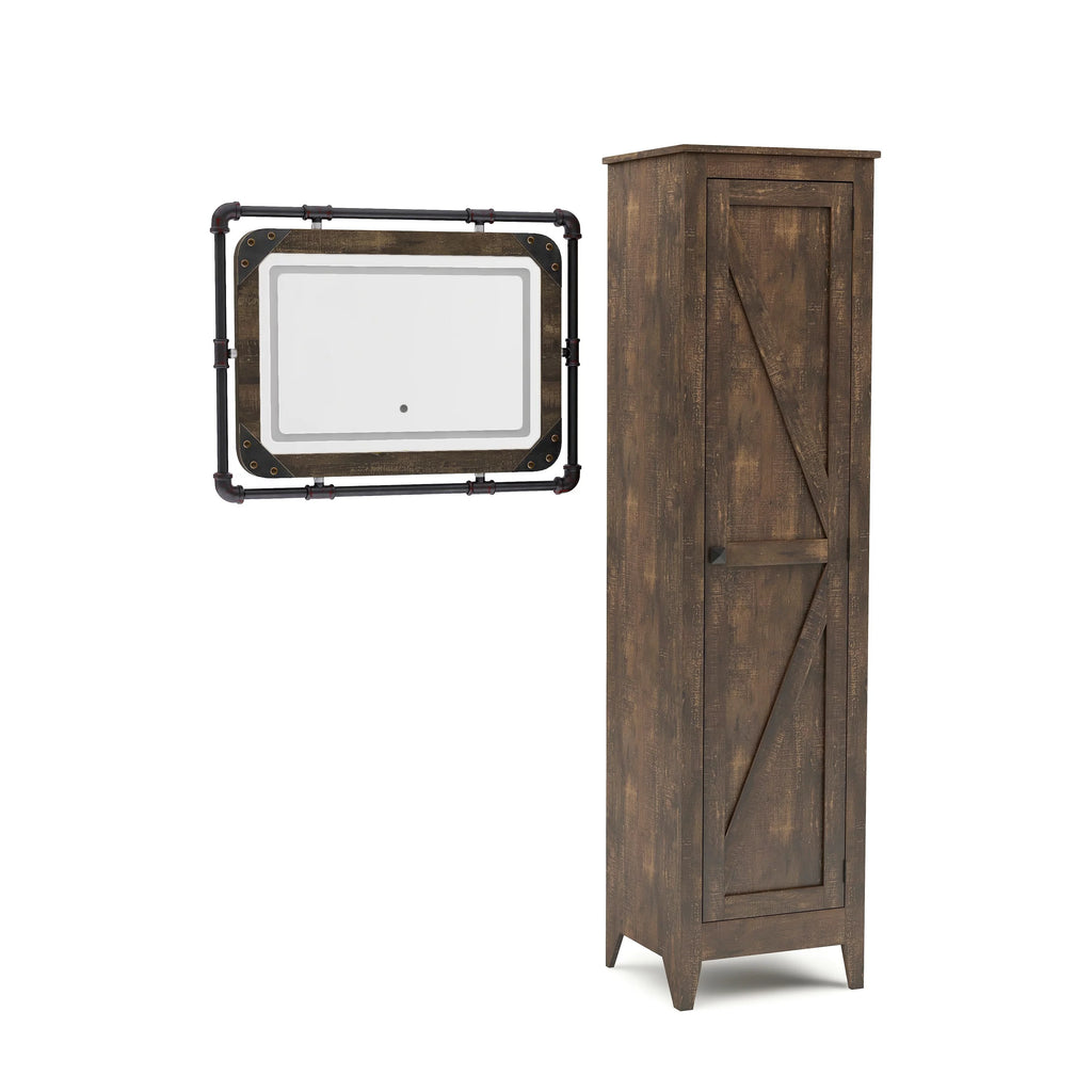 Reclaimed Oak Wood Shelving Cabinet & LED Mirror Set J951